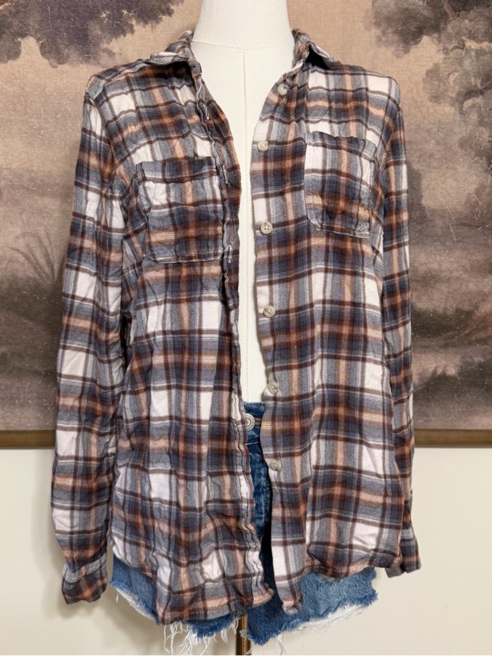 Mossimo Supply Co. Brown and Blue Plaid Button-Down Flannel  Boyfriend Fit